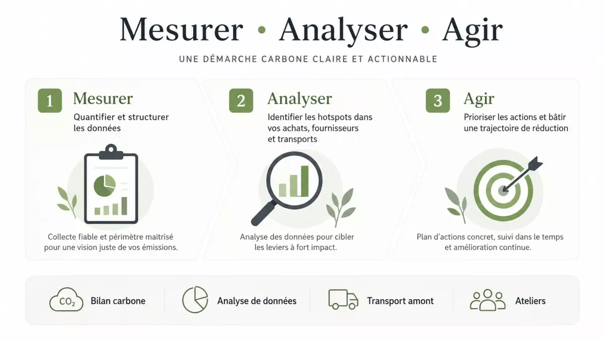 Schéma de la démarche carbone : mesurer, analyser et agir